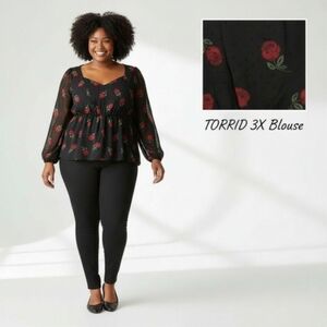 TORRID Plus Size 3X elegant  chiffon clip dot floral Rose puff sleeve blouse